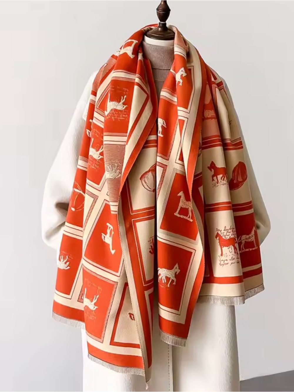 Elegant Orange & Cream Horse Print Throw Scarf - Unbranded(PRE ORDER ONLY)